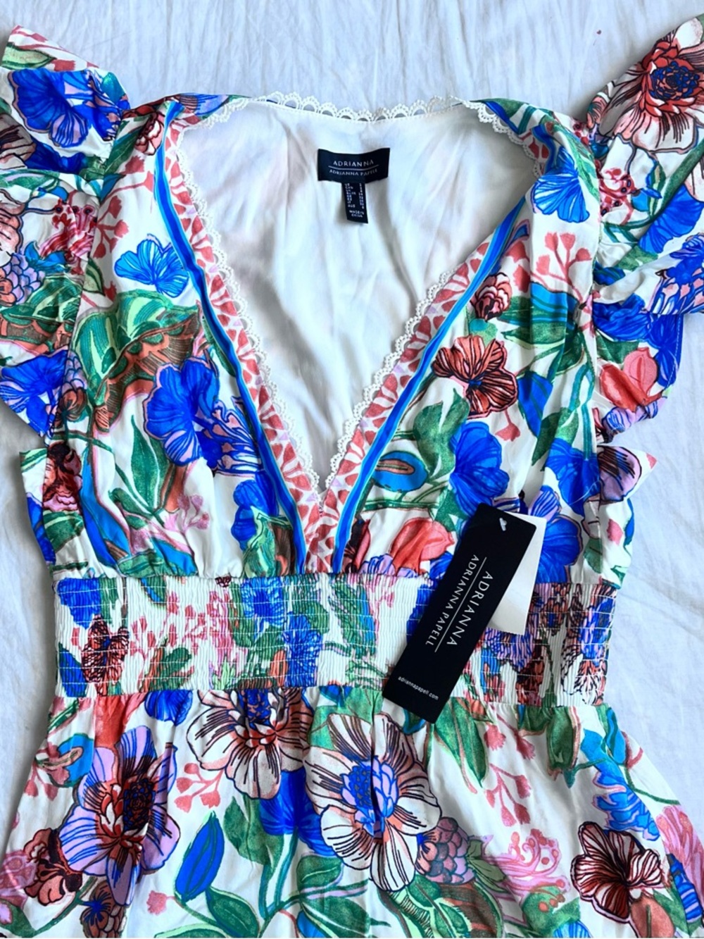 adrianna papell white floral v-neck smocked waist top
